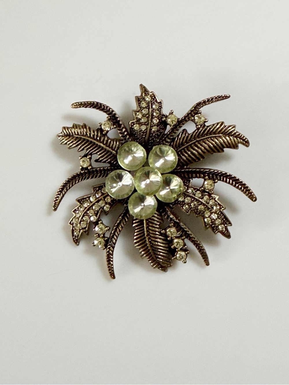 Vintage Tropical Coconut Palm Tree Green Gold Tone Brooch Pin